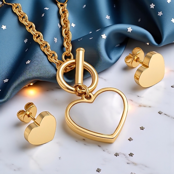 18K Gold Plated Heart Jewelry Set 💖Dainty Earrings & Necklace w/ Shell Inlay - Picture 9 of 14